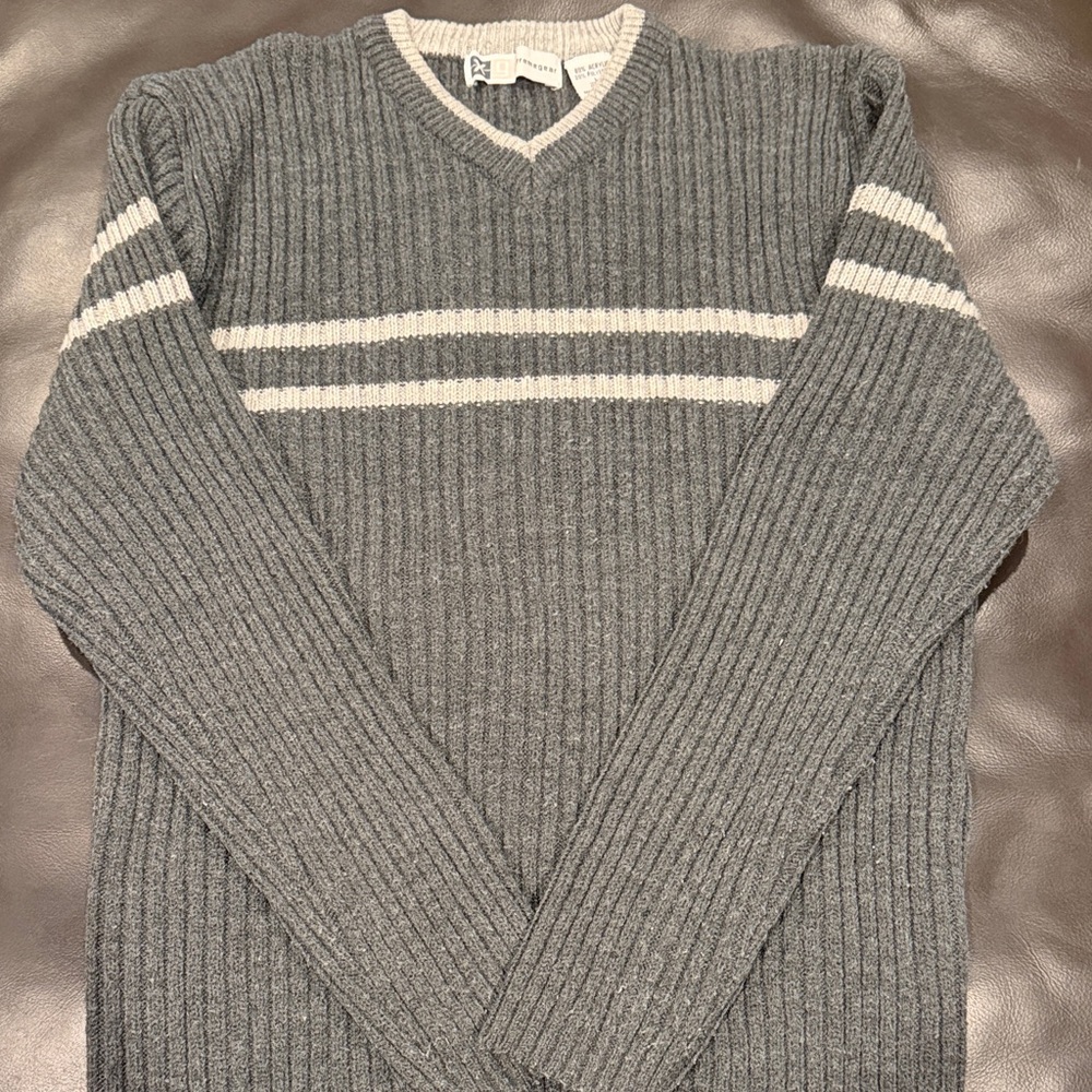 Cozy Gray V-Neck Sweater with White Stripes